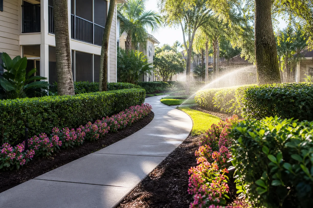 A landscaped walkway with fresh mulch and flowers at a garden apartment community.