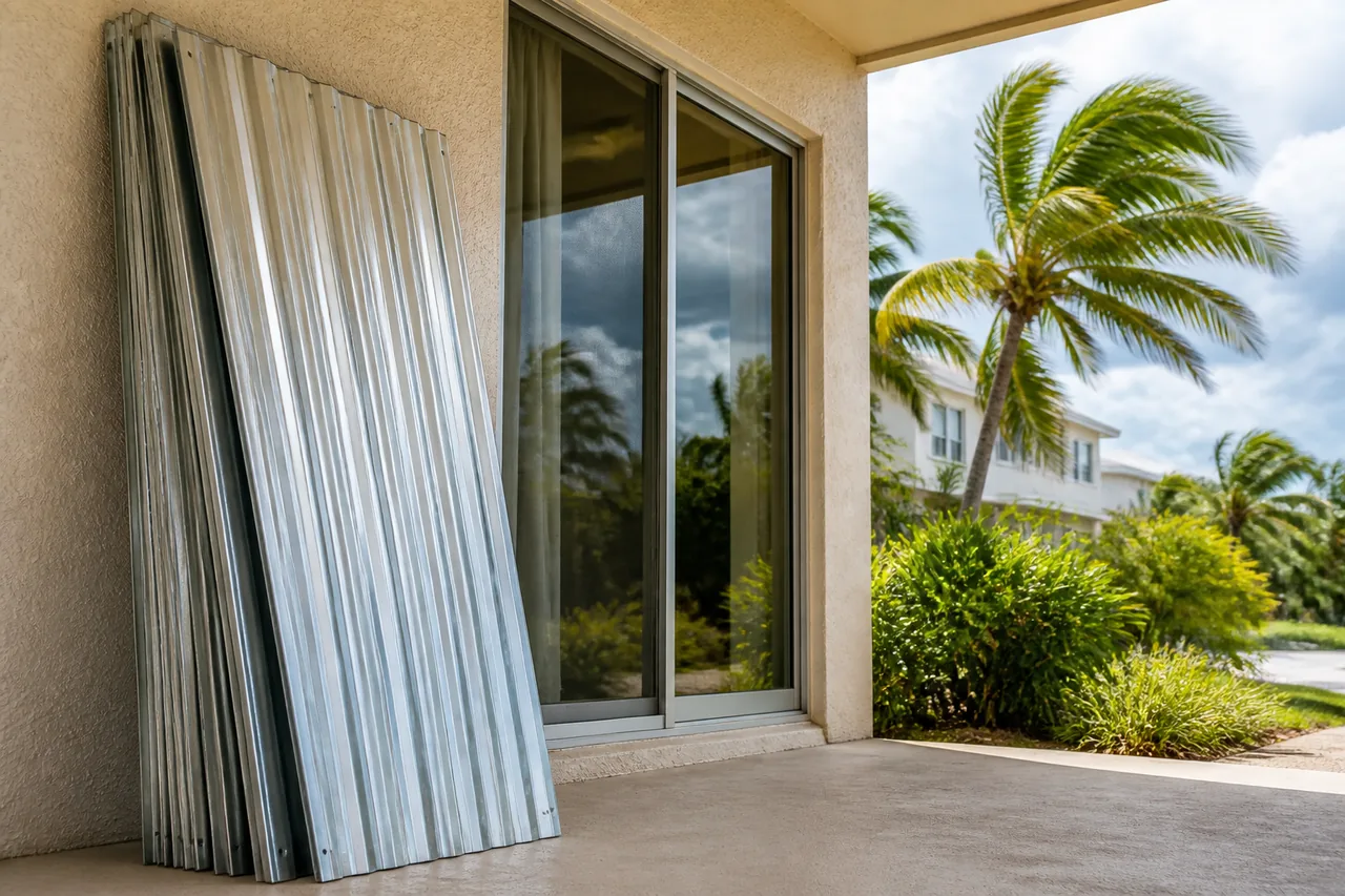 Hurricane shutter panels stacked beside a sliding glass door.