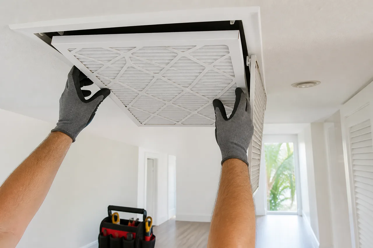 Hands replacing a clean air filter in an apartment ceiling vent.
