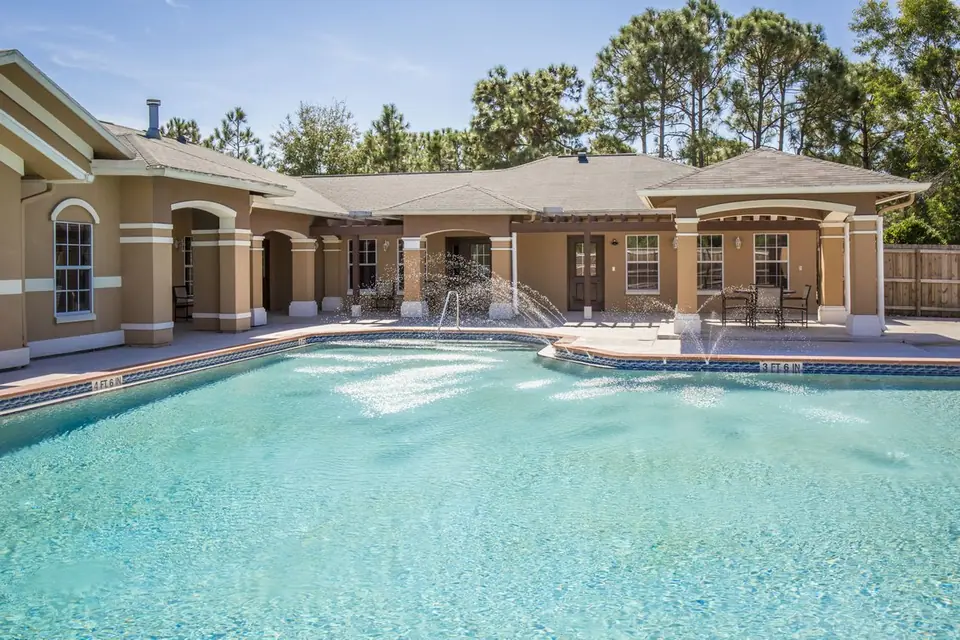 The pool courtyard and clubhouse at Sanctuary at Winterlakes in Port St. Lucie, Florida.