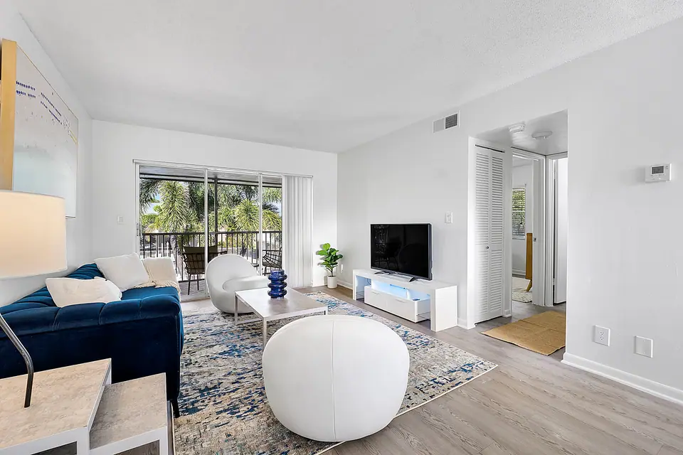 A furnished apartment living room at Waterford Bay in Boca Raton, Florida.